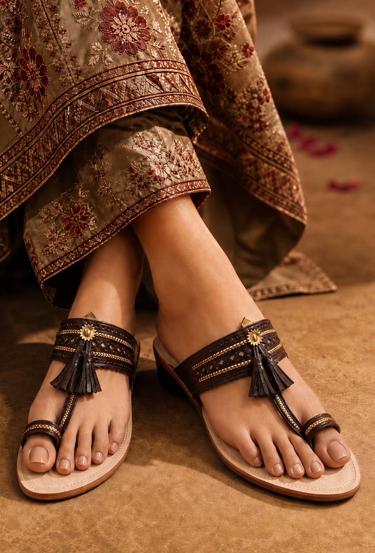 Noir Tassel Kolhapuri Heels サイズ EU42
