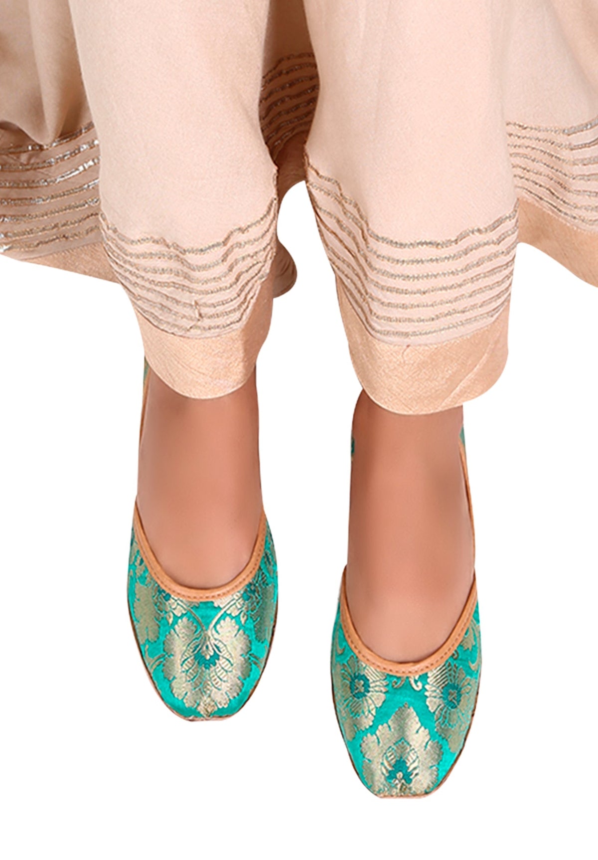 Cyan Brocade Genuine Leather Punjabi Jutti サイズ EU39