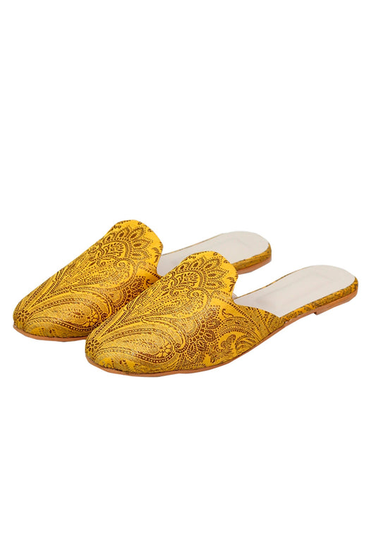 Intricate Yellow Brocade Slider Mules サイズ EU38