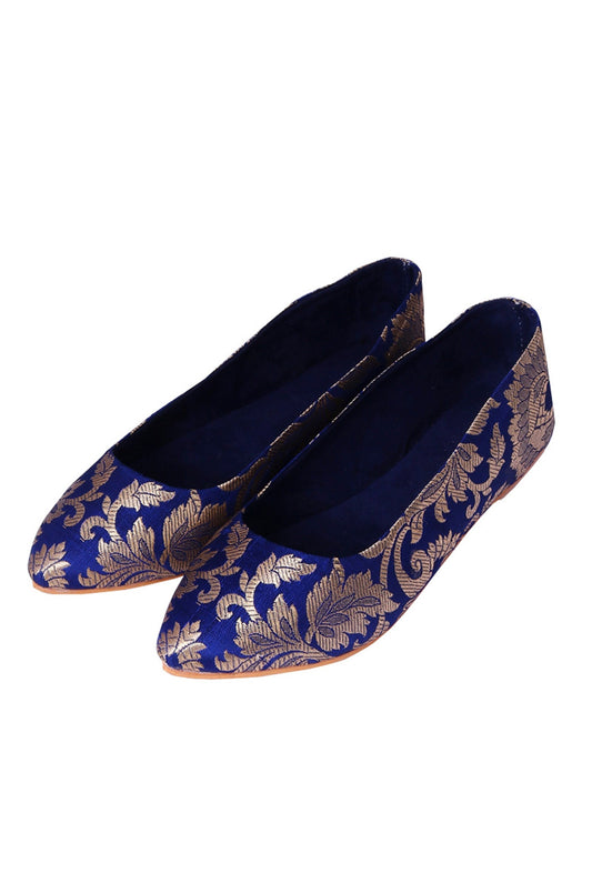 Blue Brocade Pointed Toe Ballerina Flats サイズ EU38