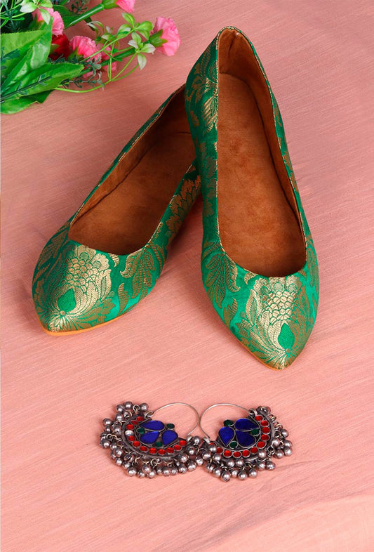 Green Pointed Toe Brocade Ballerina Flats サイズ EU38