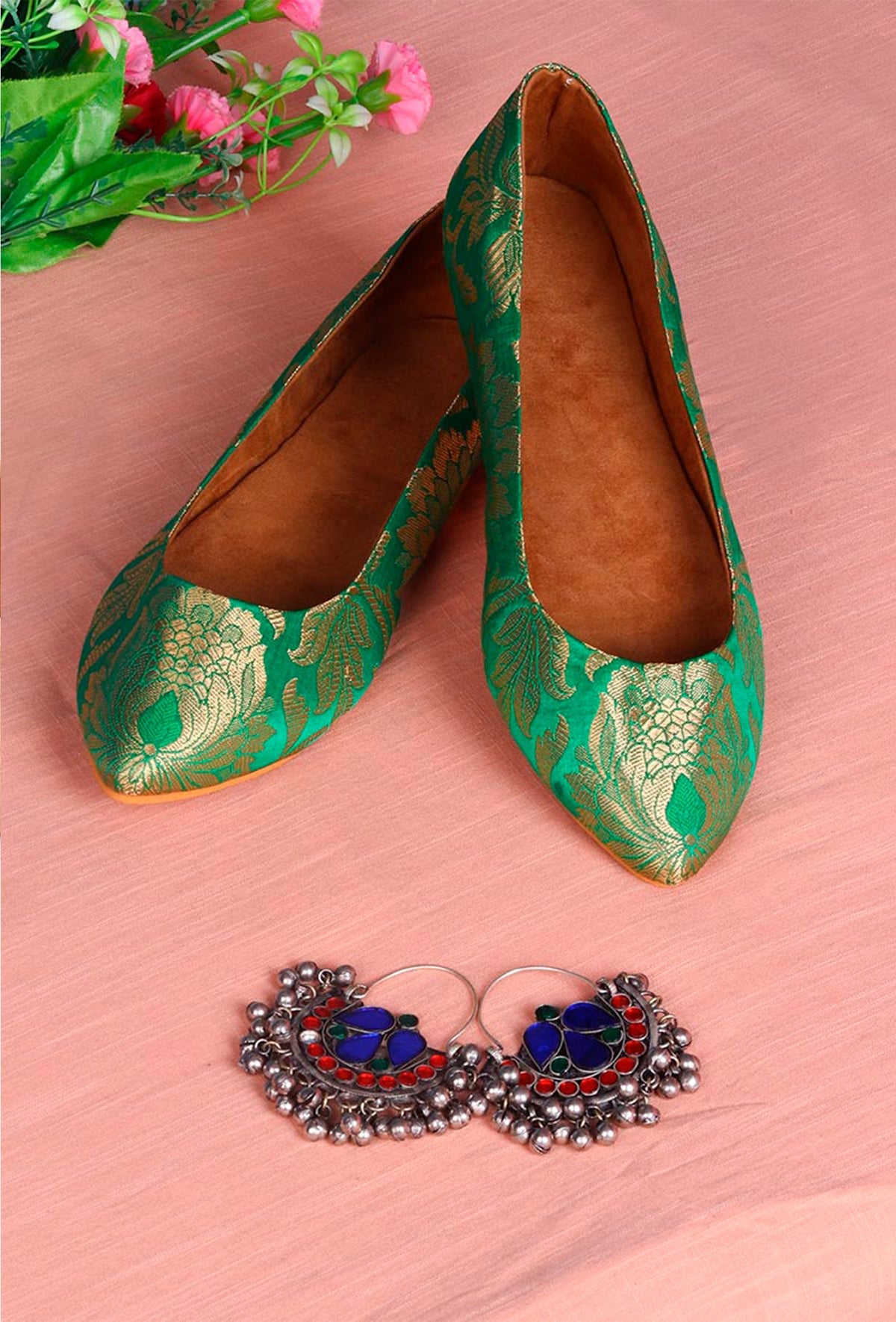 Green Pointed Toe Brocade Ballerina Flats サイズ EU42