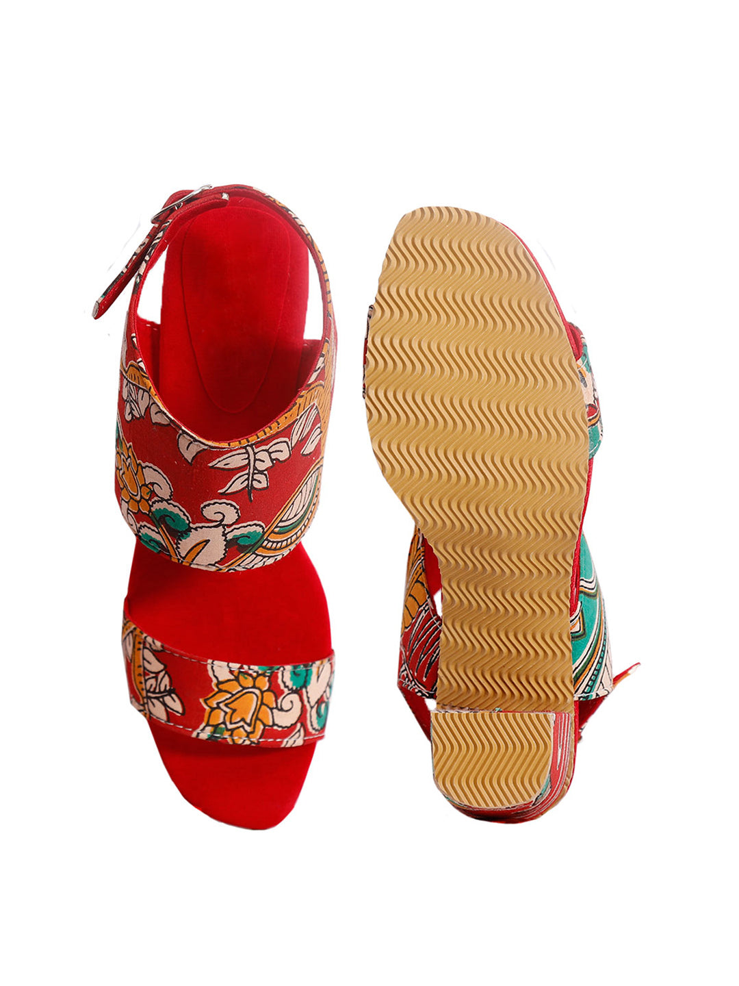Red Cotton Kalamkari Strappy Block Heels サイズ EU37