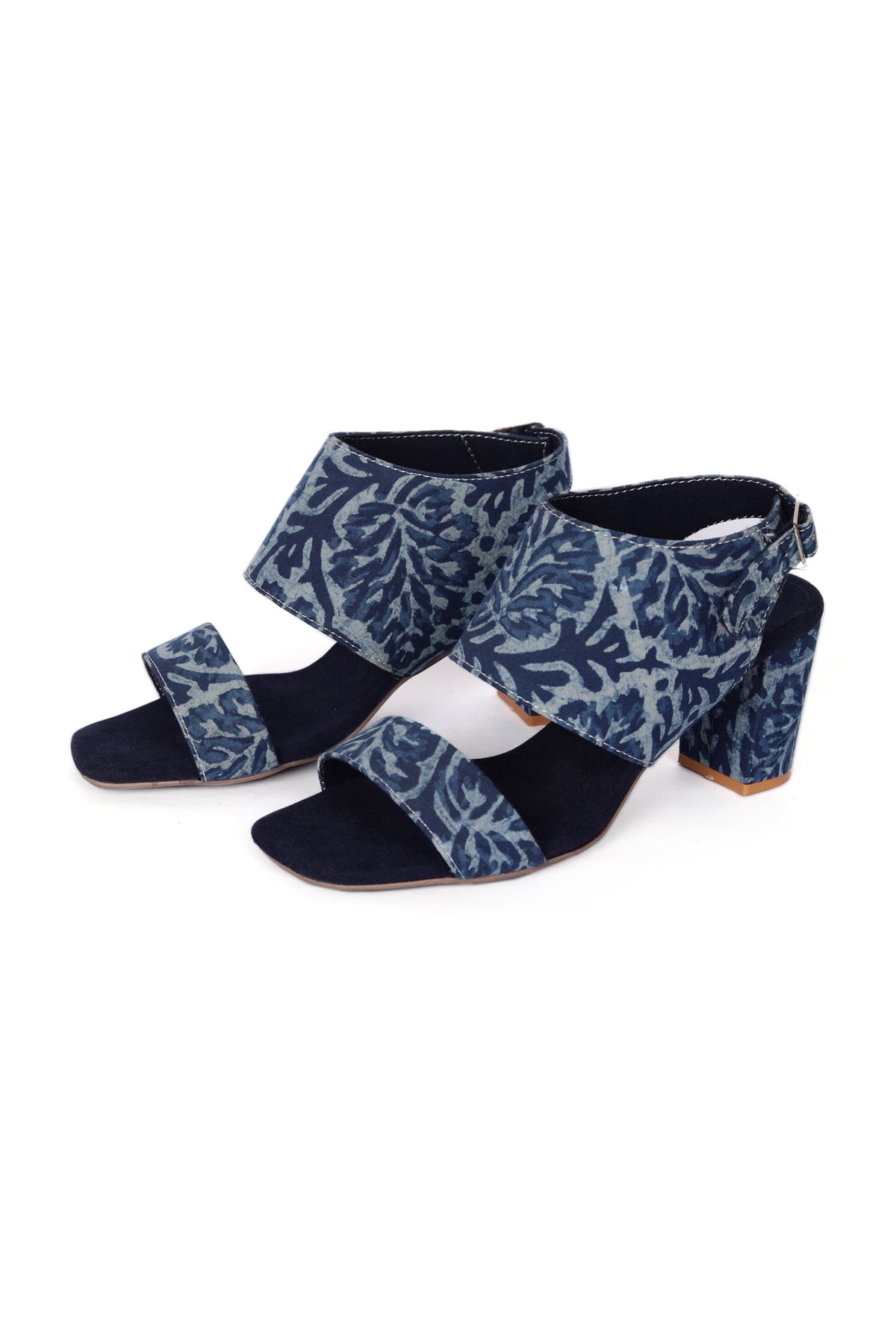Indigo Leaf Block Print Cotton Strappy Block Heels in Suede サイズ EU38