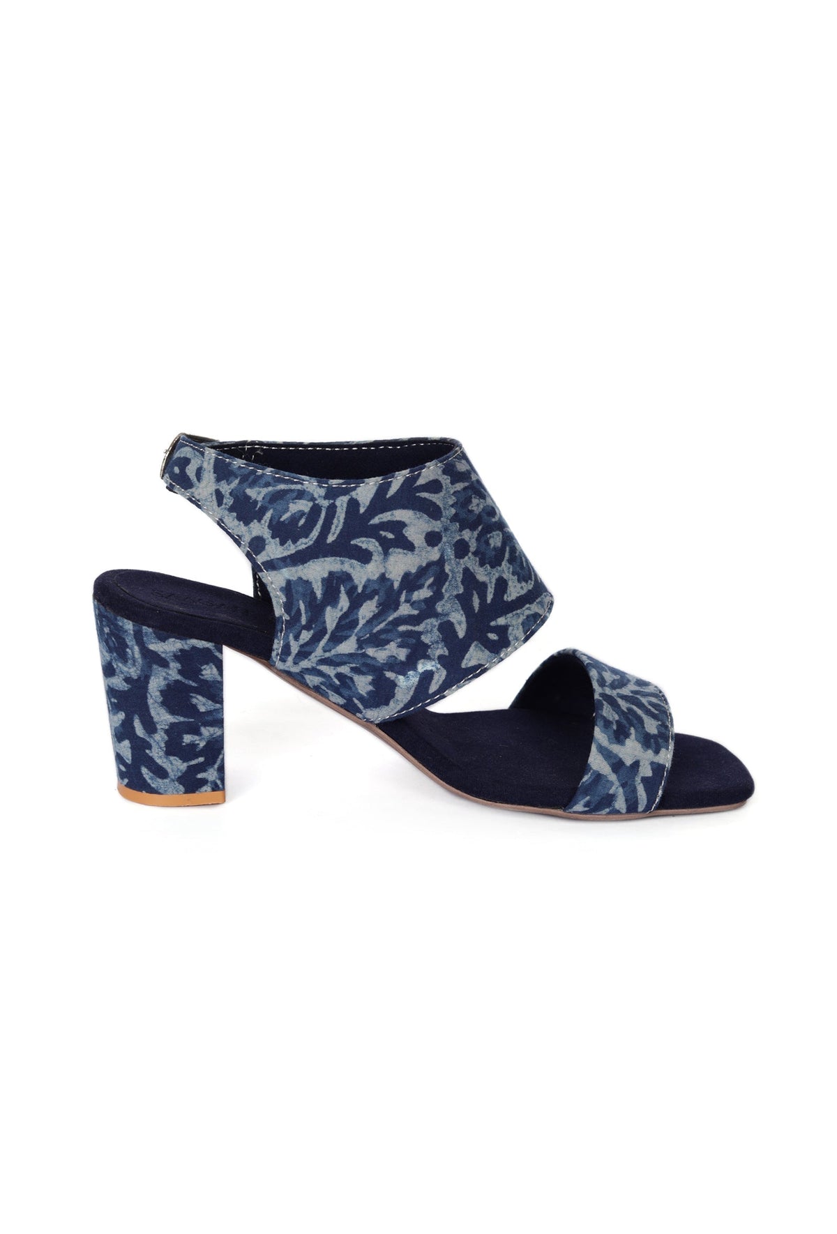 Indigo Leaf Block Print Cotton Strappy Block Heels in Suede サイズ EU37
