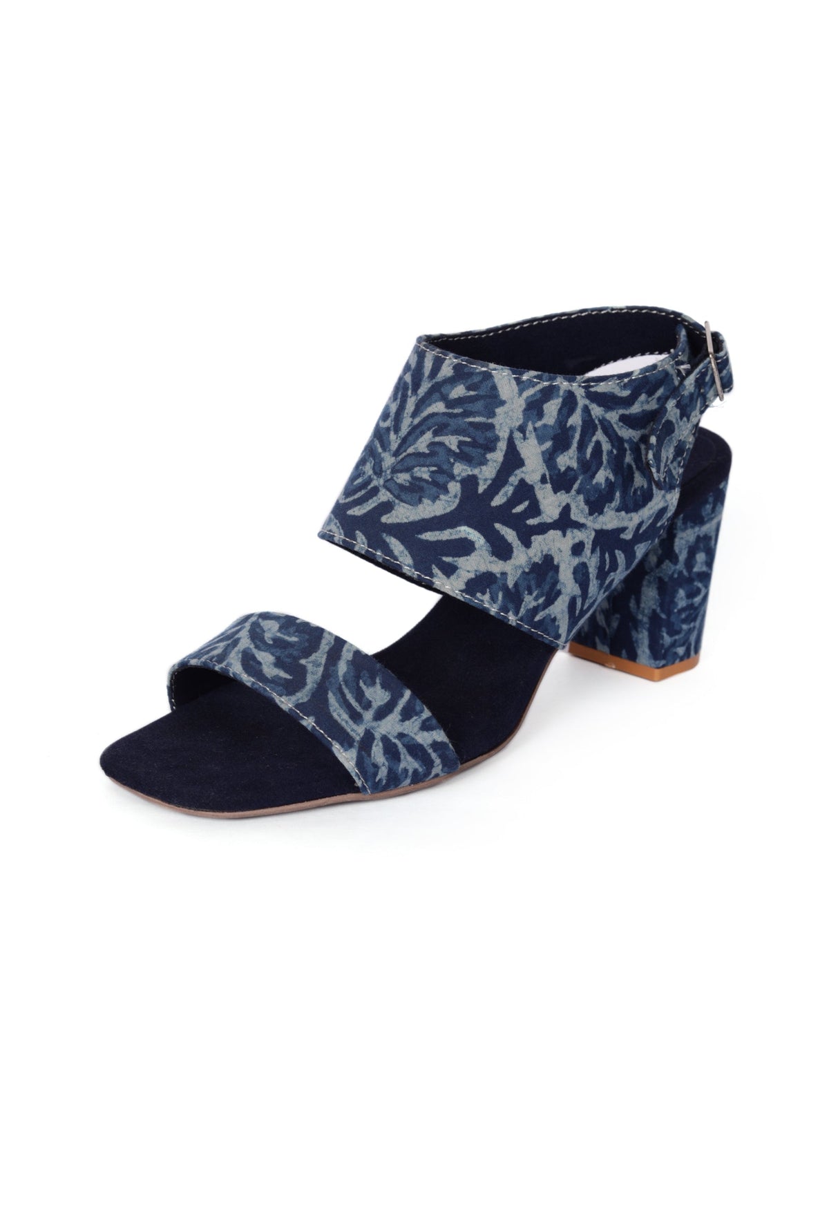 Indigo Leaf Block Print Cotton Strappy Block Heels in Suede サイズ EU38