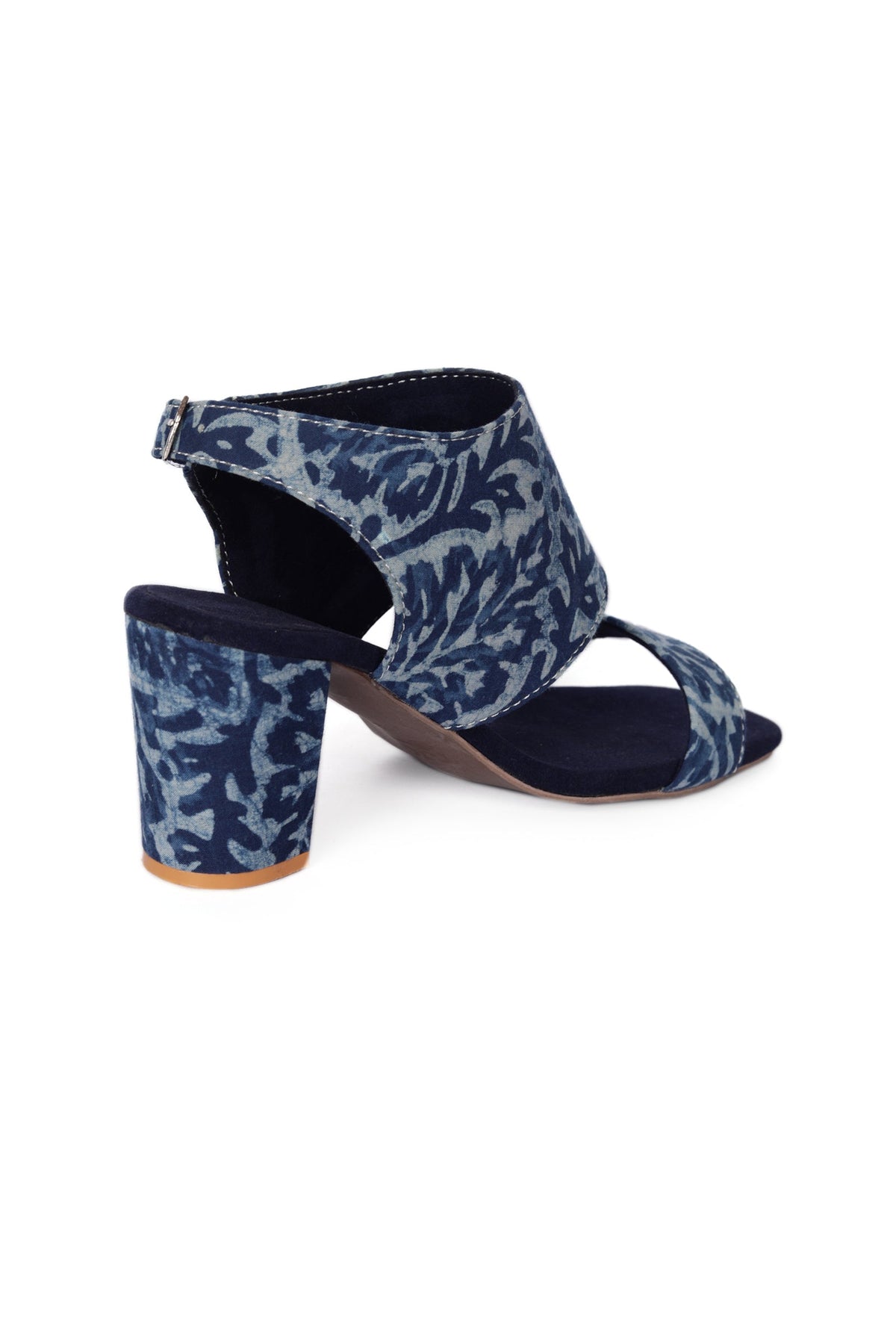 Indigo Leaf Block Print Cotton Strappy Block Heels in Suede サイズ EU35