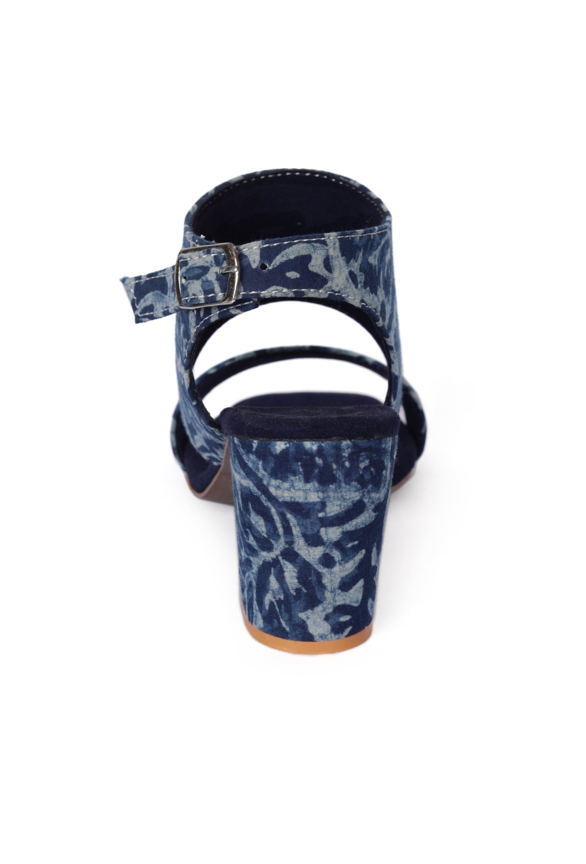 Indigo Leaf Block Print Cotton Strappy Block Heels in Suede サイズ EU35