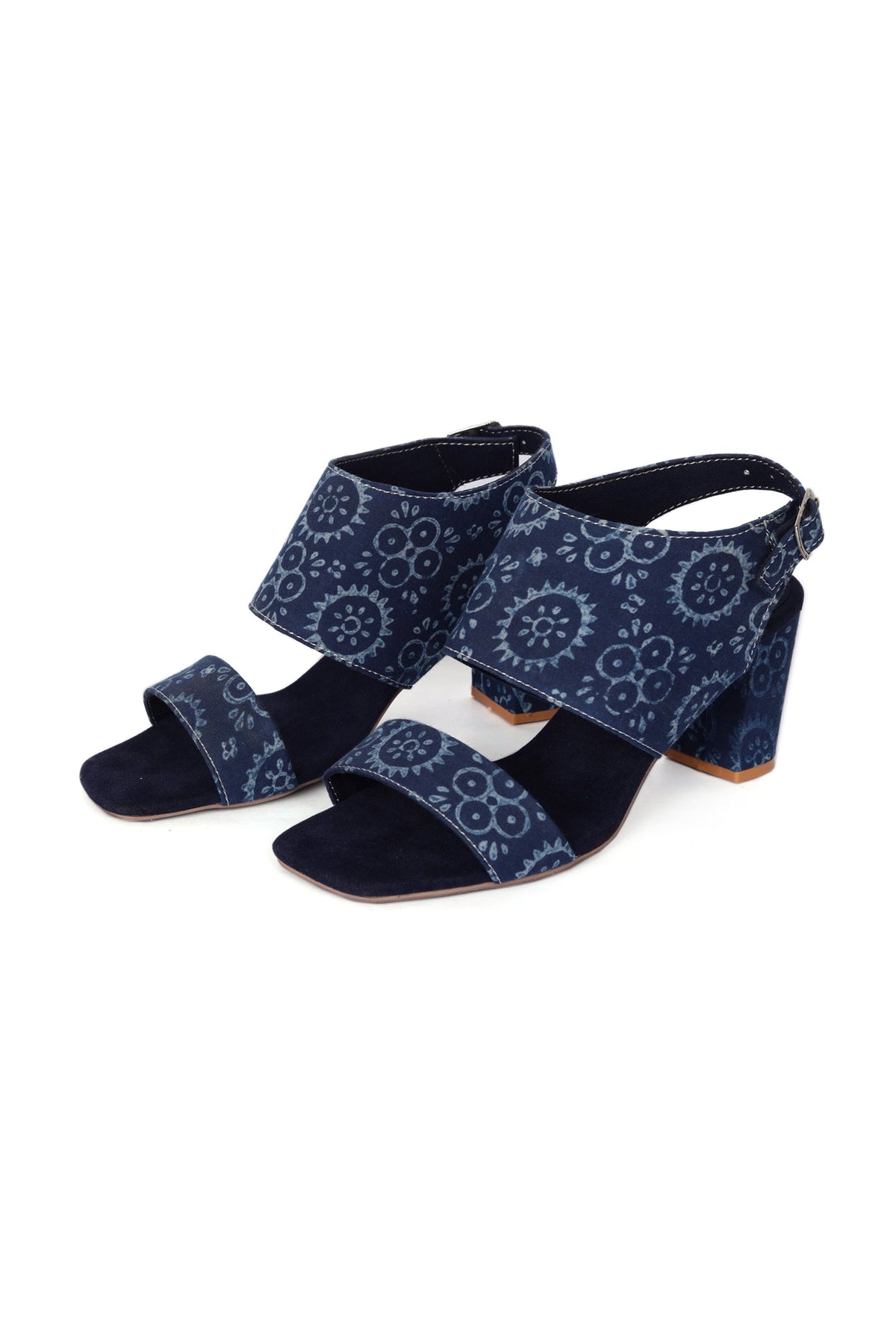 Indigo Circular Print Cotton Strappy Block Heels サイズ EU36