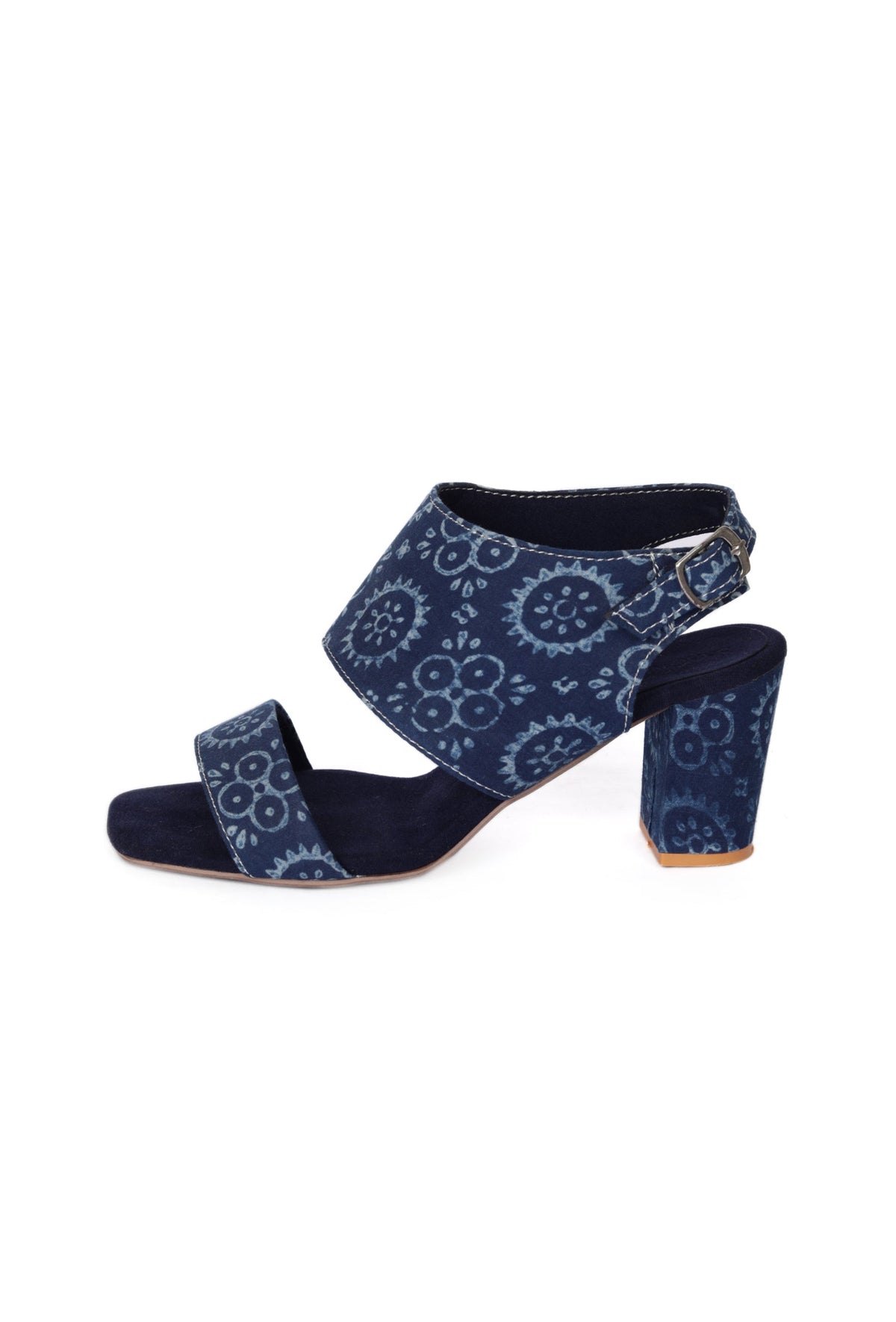 Indigo Circular Print Cotton Strappy Block Heels サイズ EU38