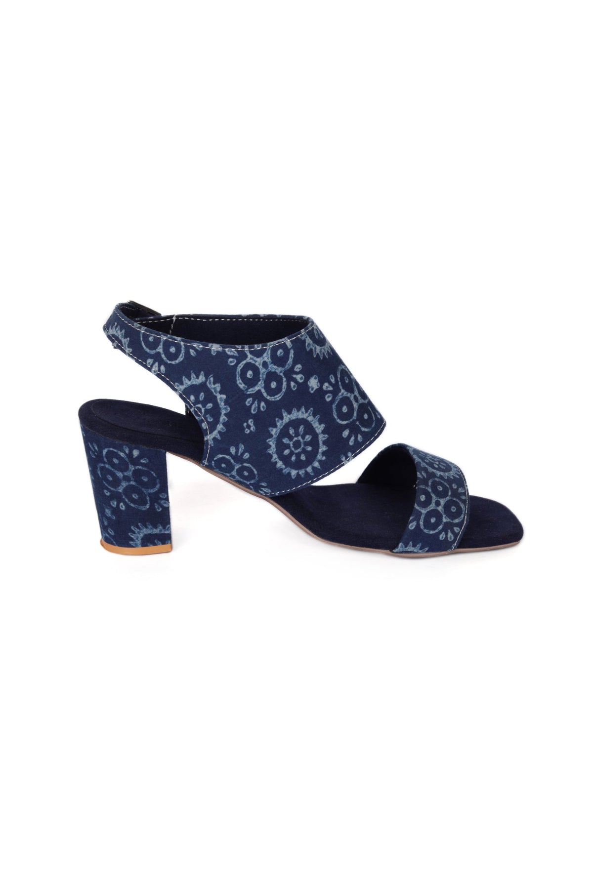 Indigo Circular Print Cotton Strappy Block Heels サイズ EU38