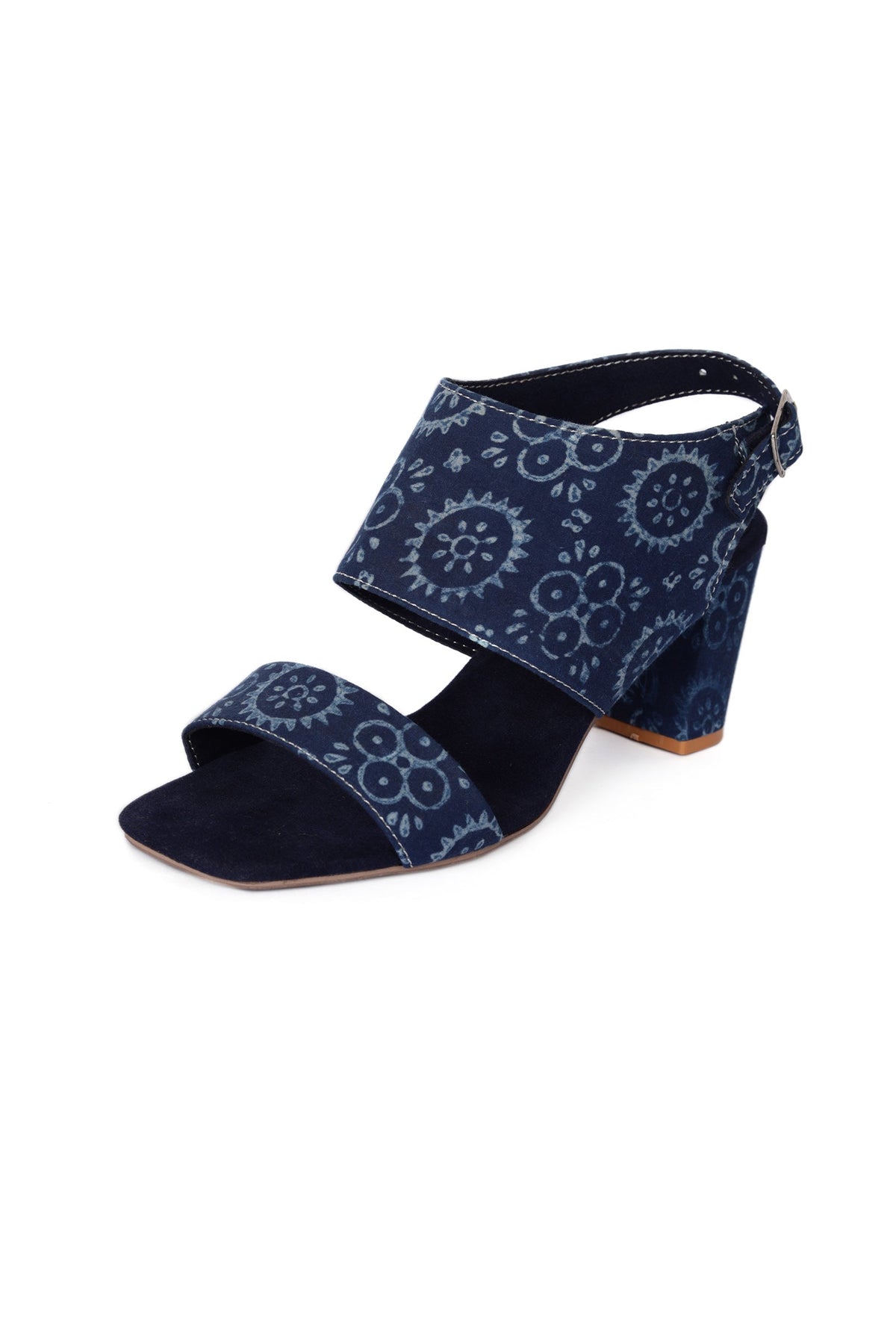 Indigo Circular Print Cotton Strappy Block Heels サイズ EU41