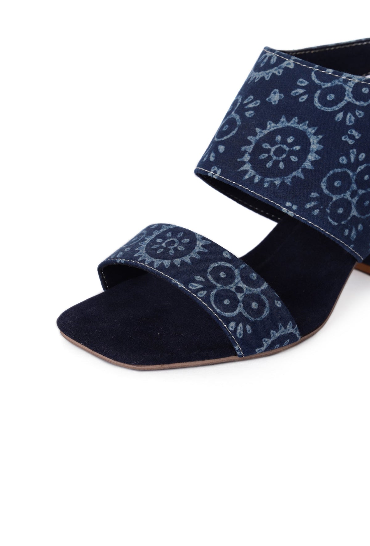 Indigo Circular Print Cotton Strappy Block Heels サイズ EU35