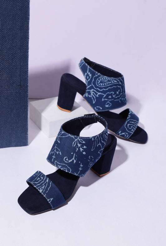 Indigo Floral Cotton Strappy Block Heels サイズ EU38