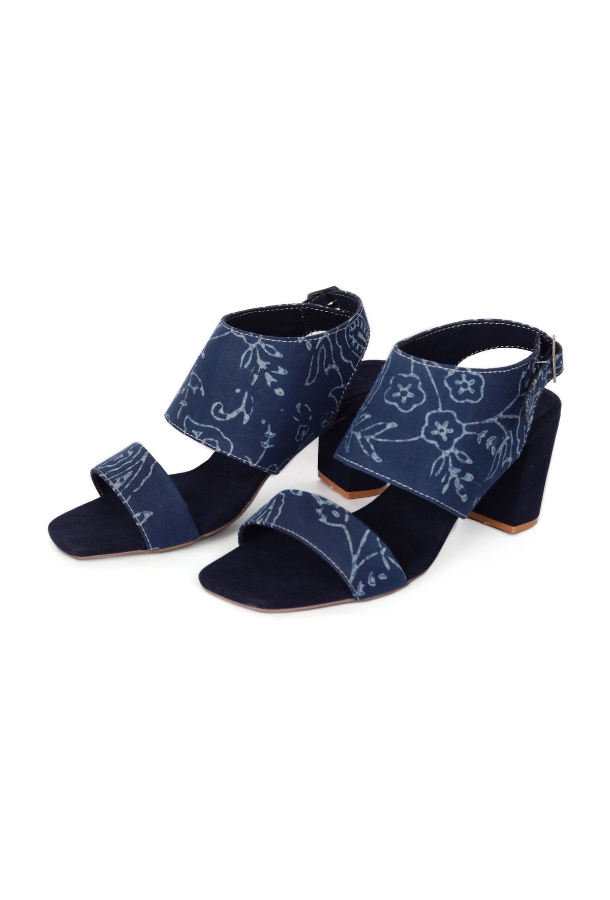 Indigo Floral Cotton Strappy Block Heels サイズ EU37