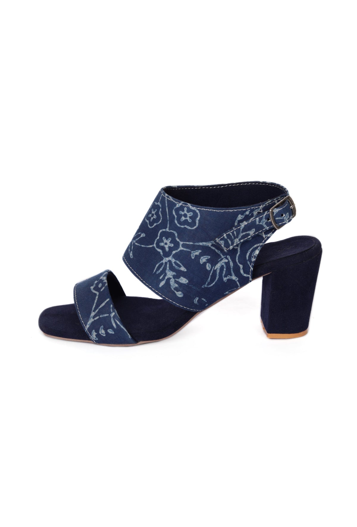 Indigo Floral Cotton Strappy Block Heels サイズ EU41