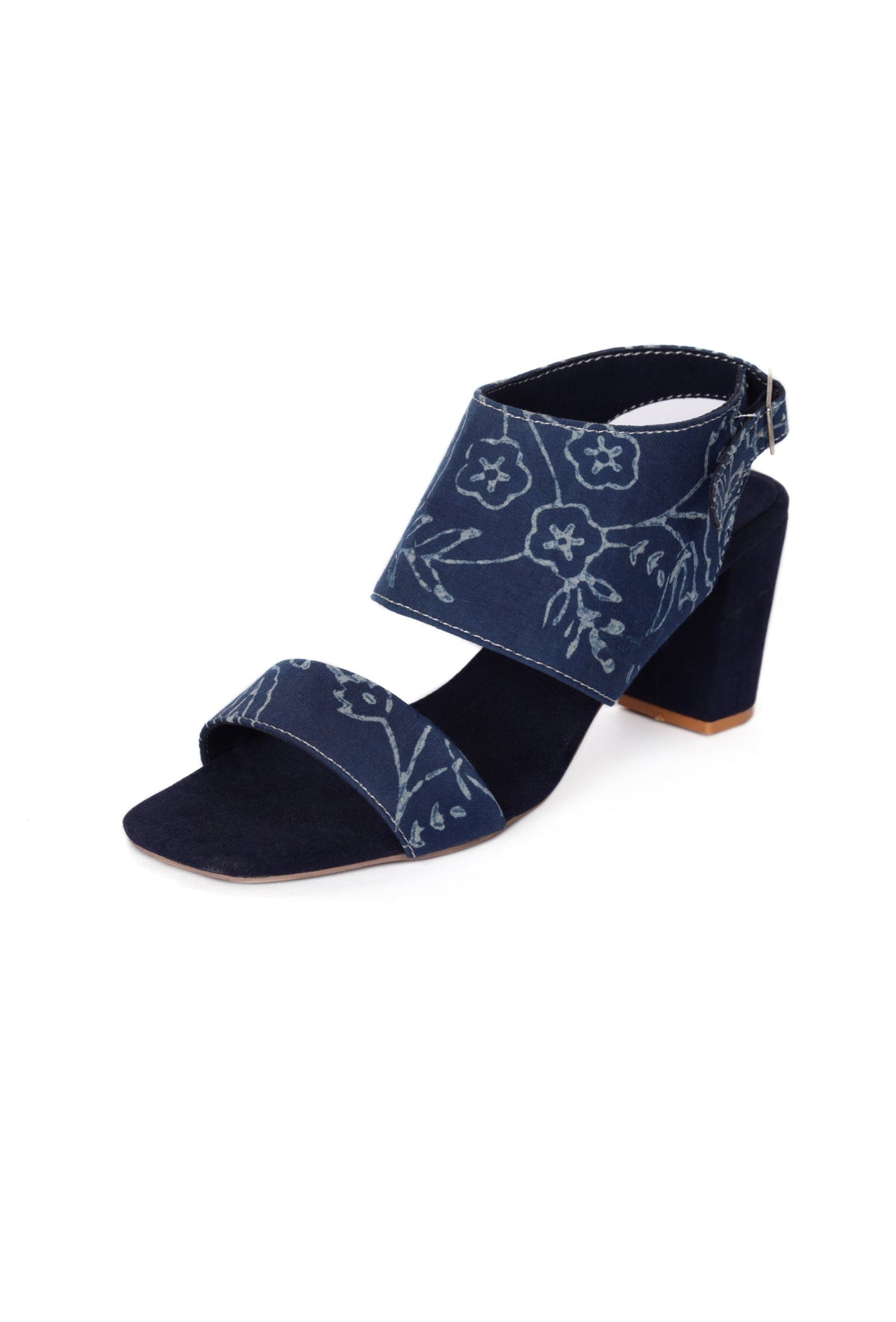 Indigo Floral Cotton Strappy Block Heels サイズ EU40