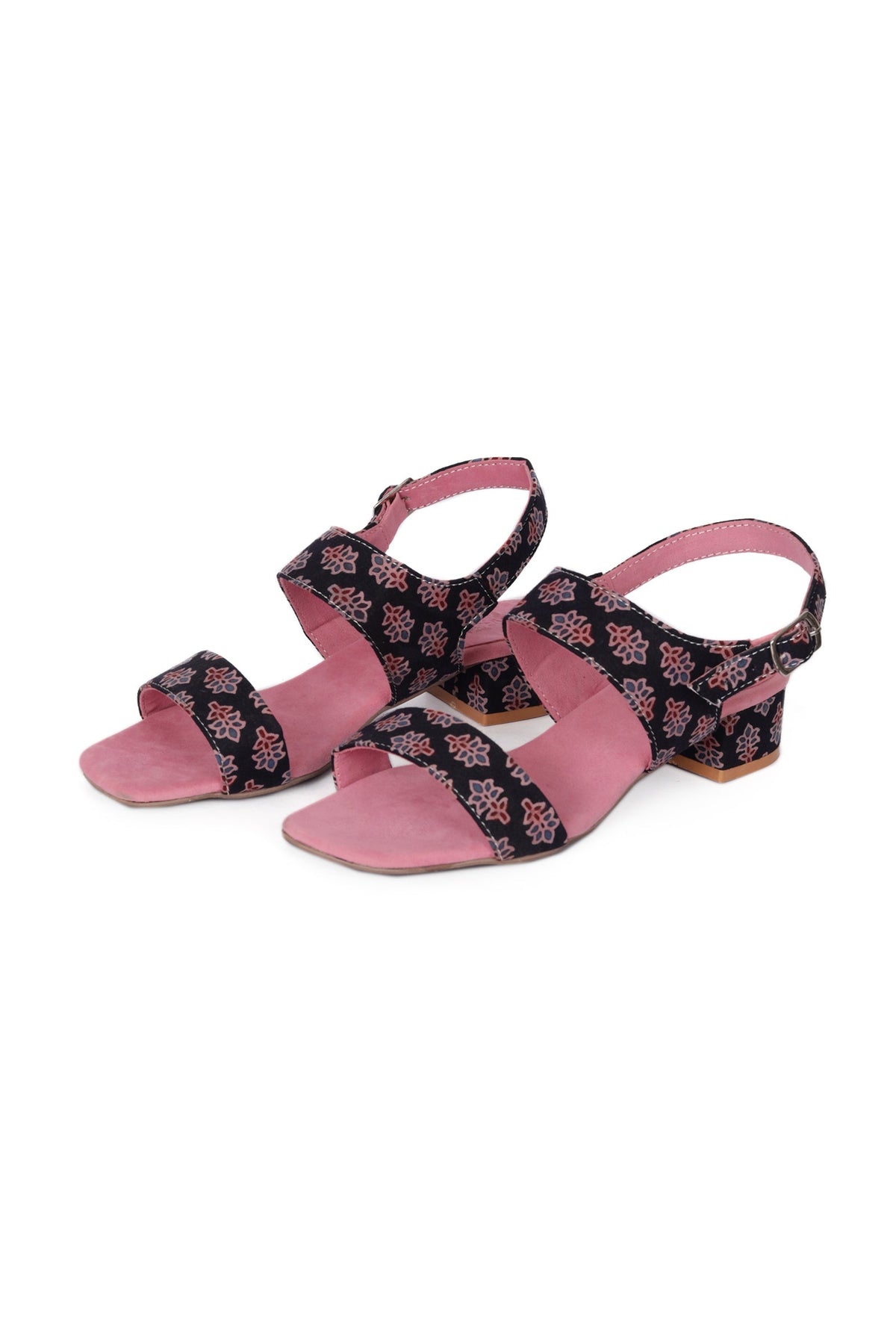 Black Floral Cotton Ajrakh Strappy Block Heel サイズ EU38