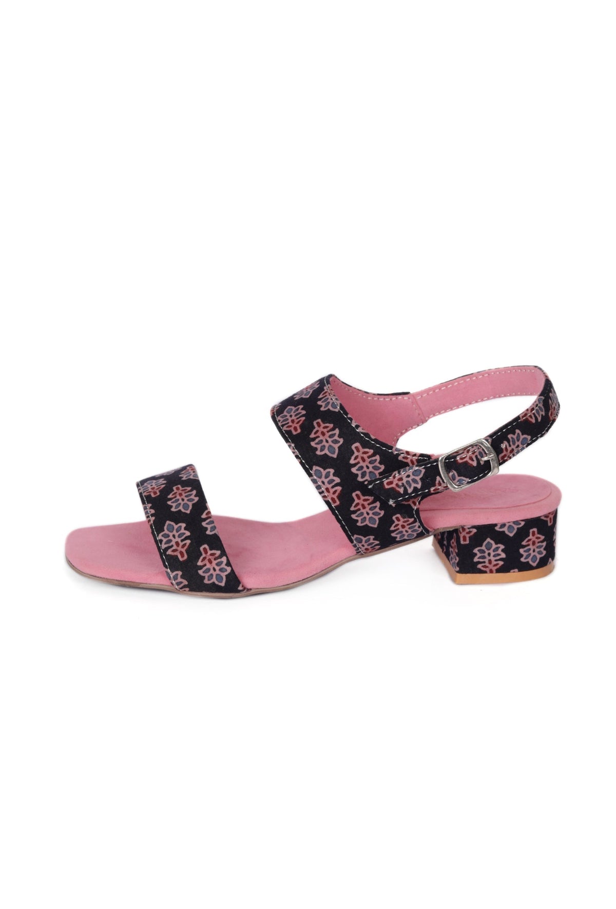 Black Floral Cotton Ajrakh Strappy Block Heel サイズ EU38