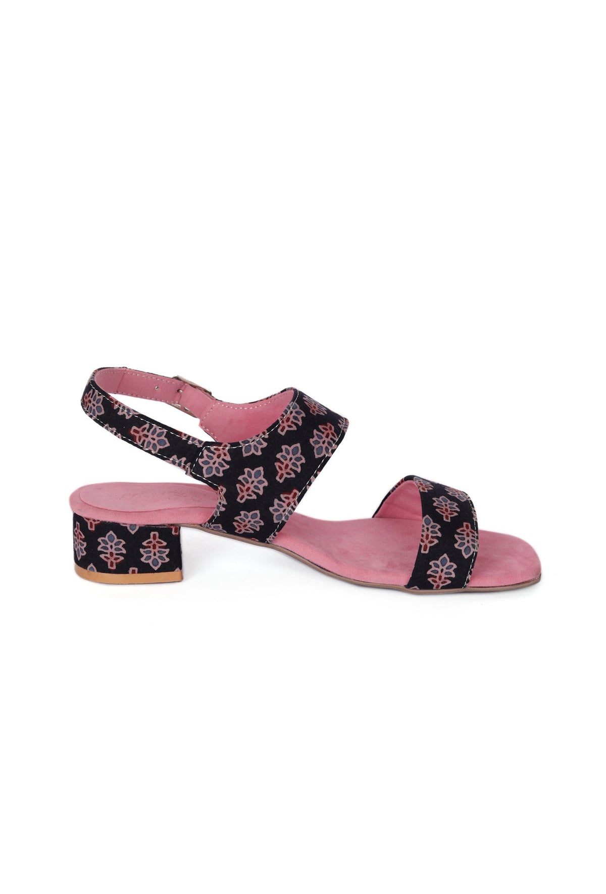 Black Floral Cotton Ajrakh Strappy Block Heel サイズ EU38