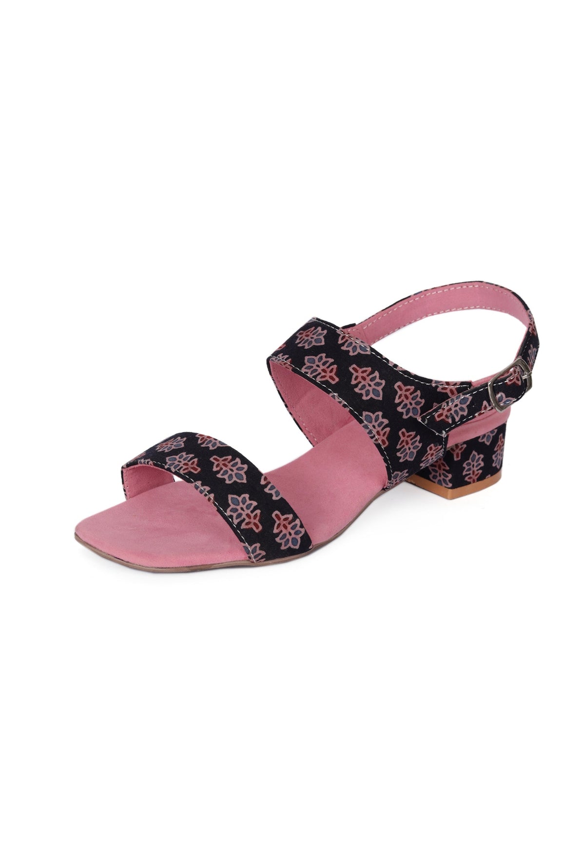 Black Floral Cotton Ajrakh Strappy Block Heel サイズ EU38