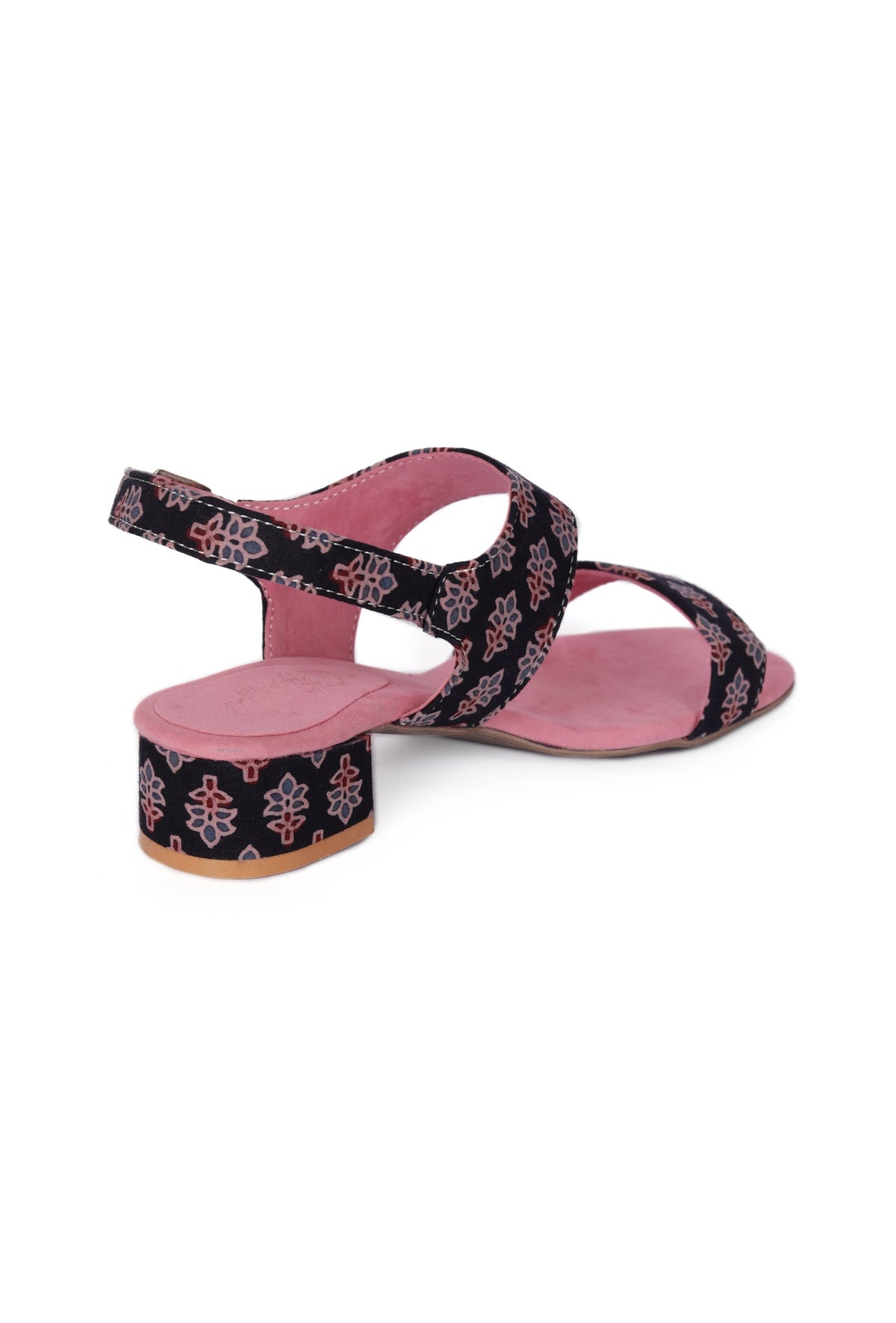 Black Floral Cotton Ajrakh Strappy Block Heel サイズ EU38