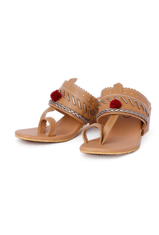 Tan and Silver Cruelty Free Leather Heels with Pom Poms サイズ EU38