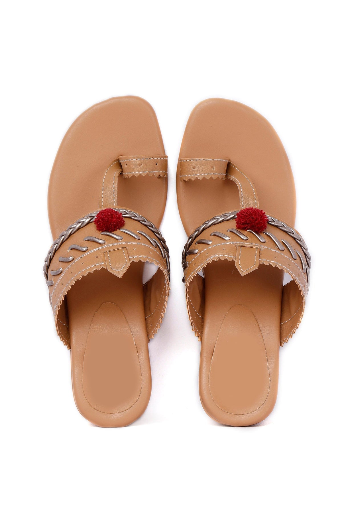 Tan and Silver Cruelty Free Leather Heels with Pom Poms サイズ EU37