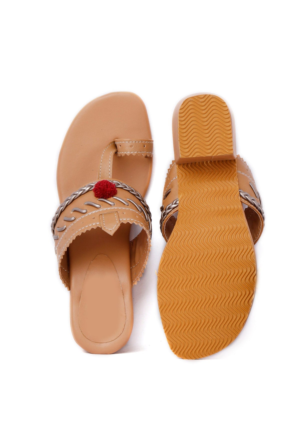 Tan and Silver Cruelty Free Leather Heels with Pom Poms サイズ EU36