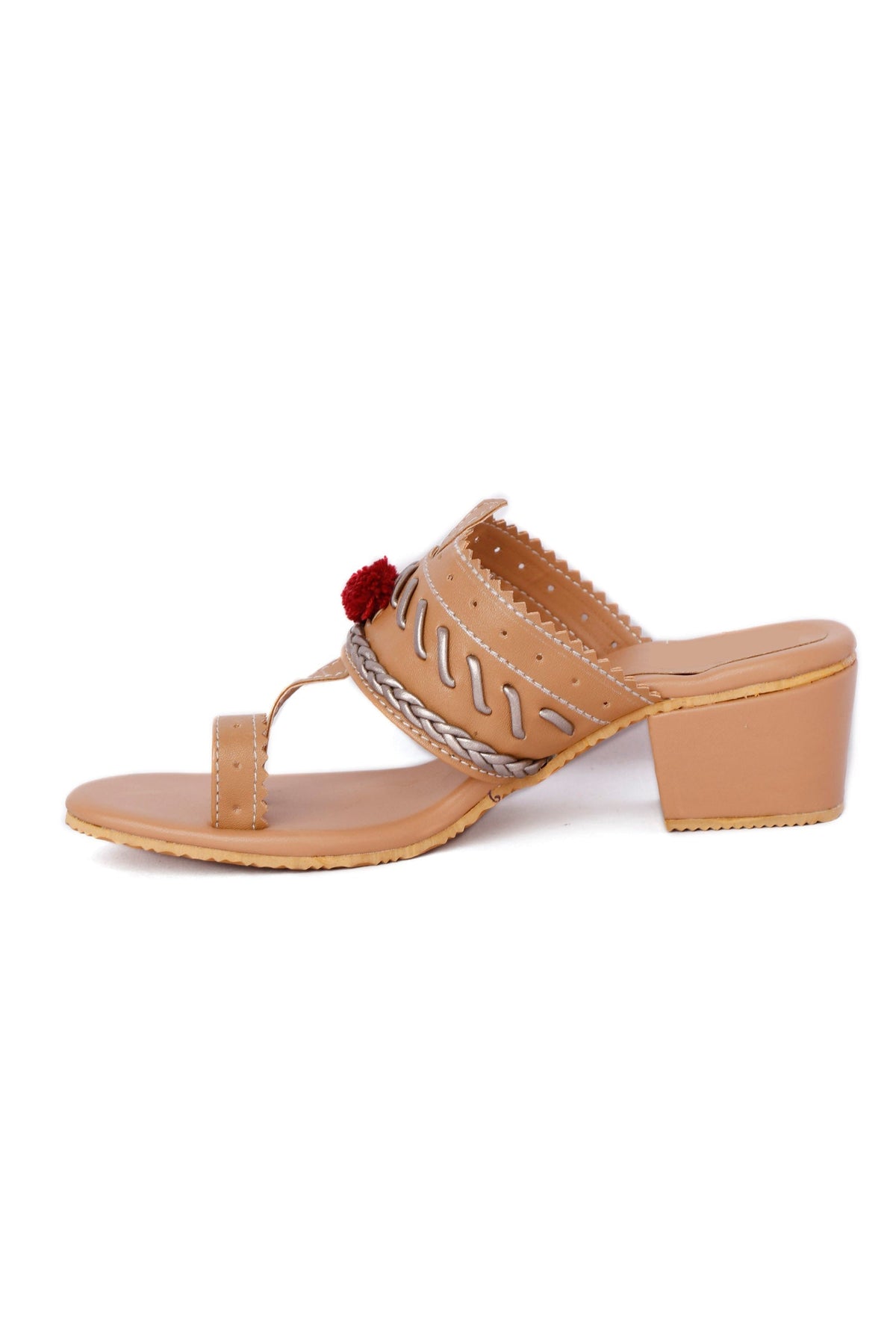 Tan and Silver Cruelty Free Leather Heels with Pom Poms サイズ EU41