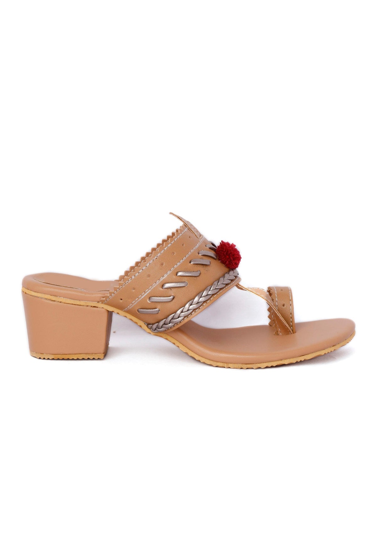 Tan and Silver Cruelty Free Leather Heels with Pom Poms サイズ EU36