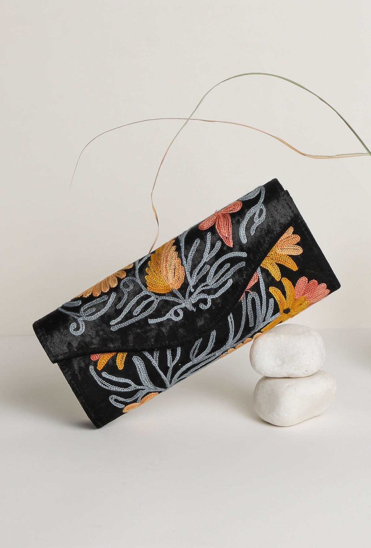 Black with Blue Tilla Embroidery Velvet Clutch