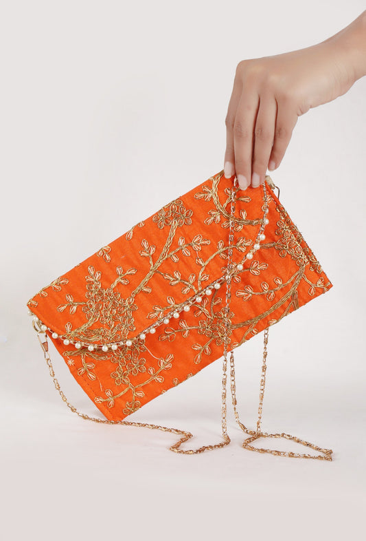 Vivid Orange Zari Embroidered Silk Envelope Clutch