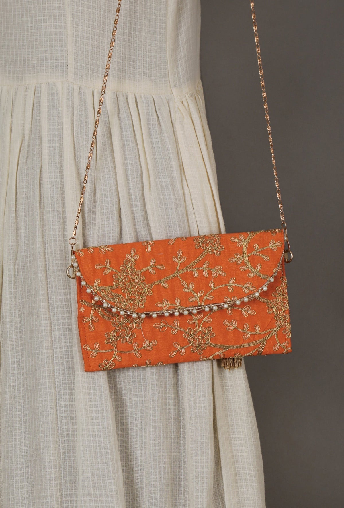 Vivid Orange Zari Embroidered Silk Envelope Clutch