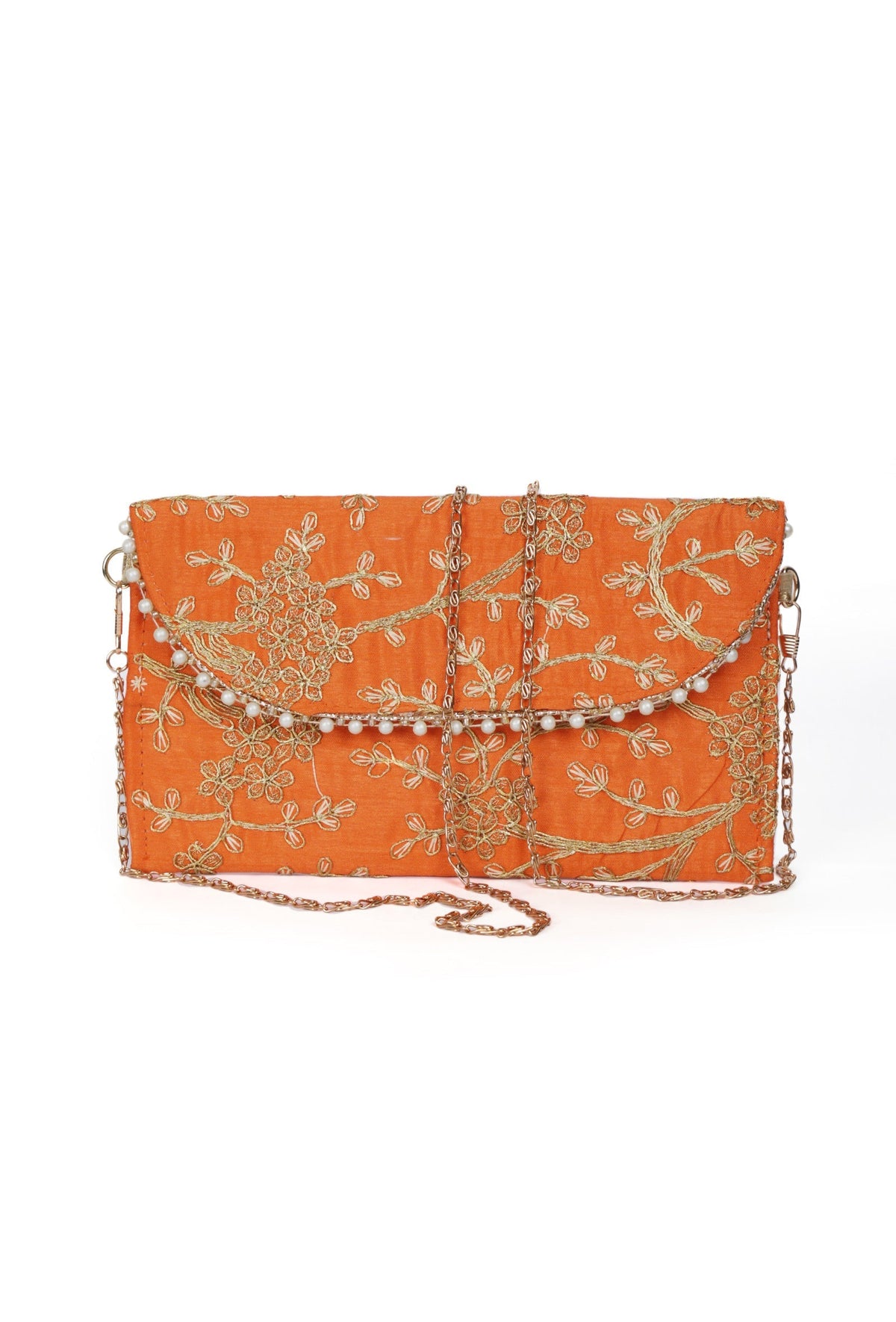 Vivid Orange Zari Embroidered Silk Envelope Clutch