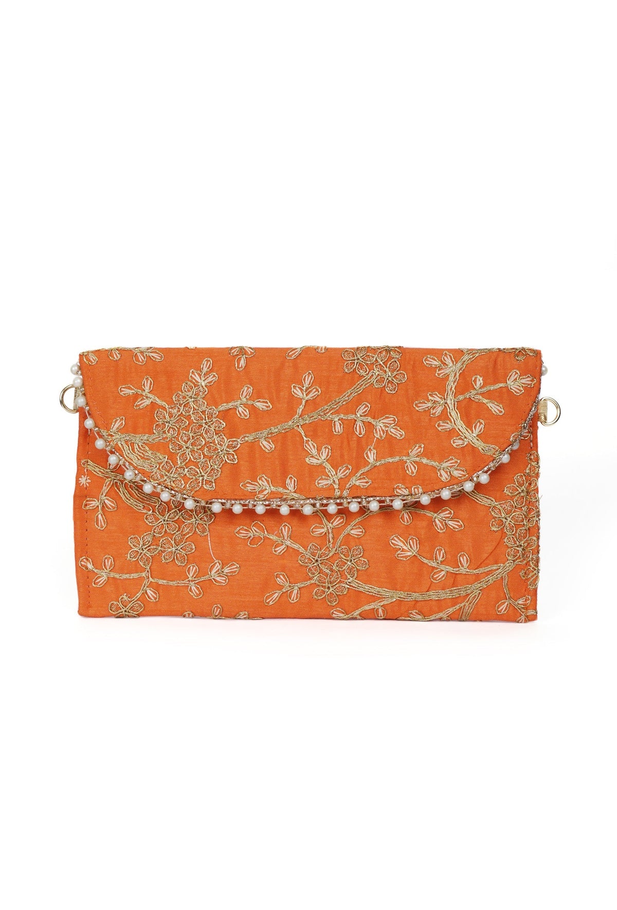 Vivid Orange Zari Embroidered Silk Envelope Clutch