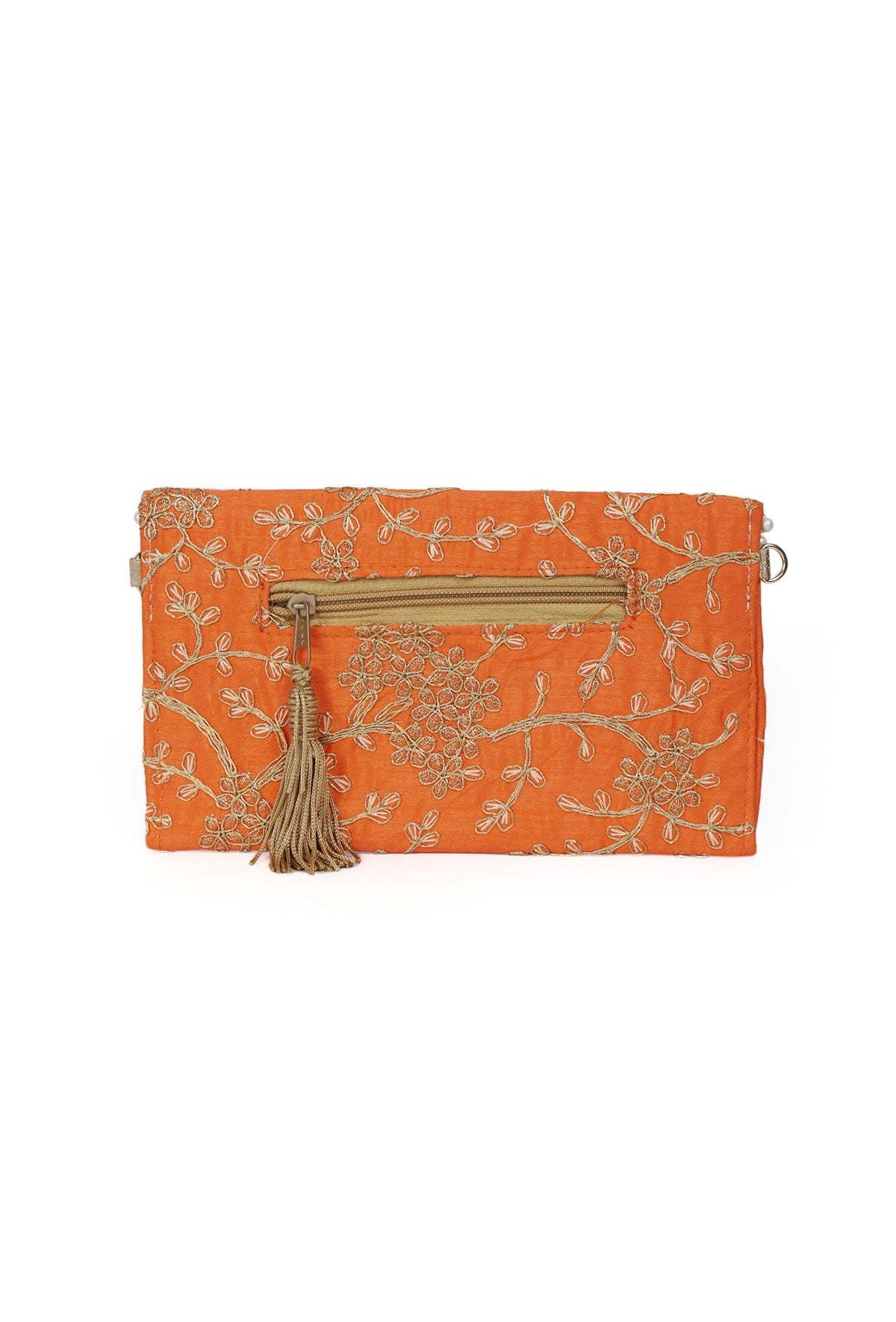 Vivid Orange Zari Embroidered Silk Envelope Clutch