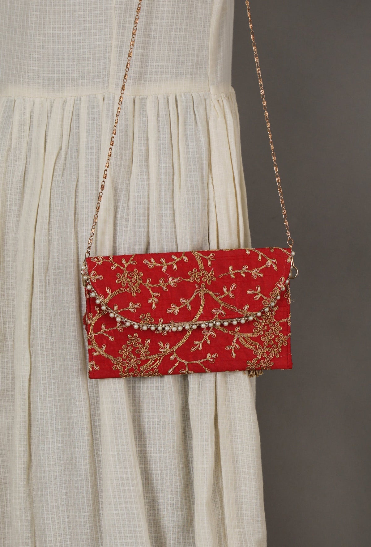 Ruby Red Zari Embroidered Silk Envelope Clutch