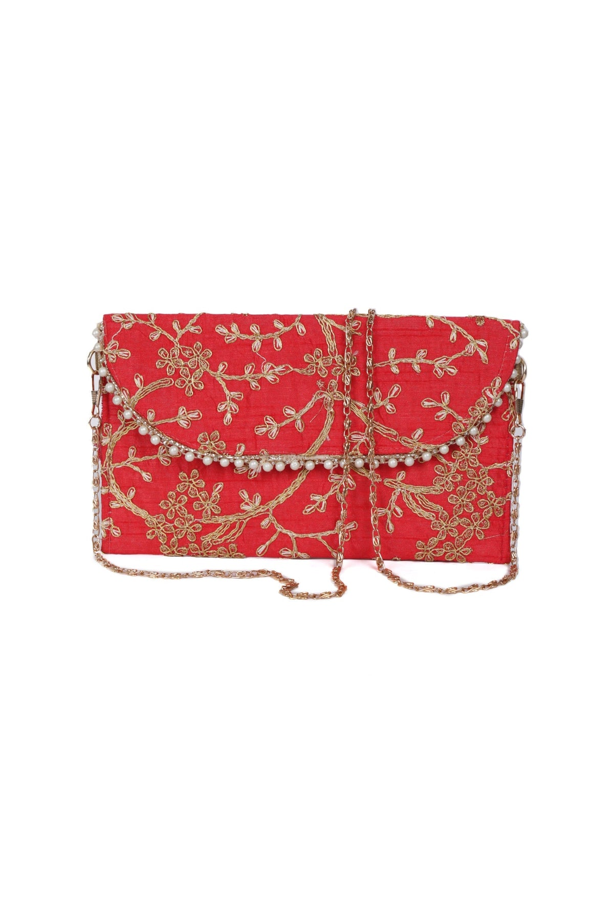 Ruby Red Zari Embroidered Silk Envelope Clutch