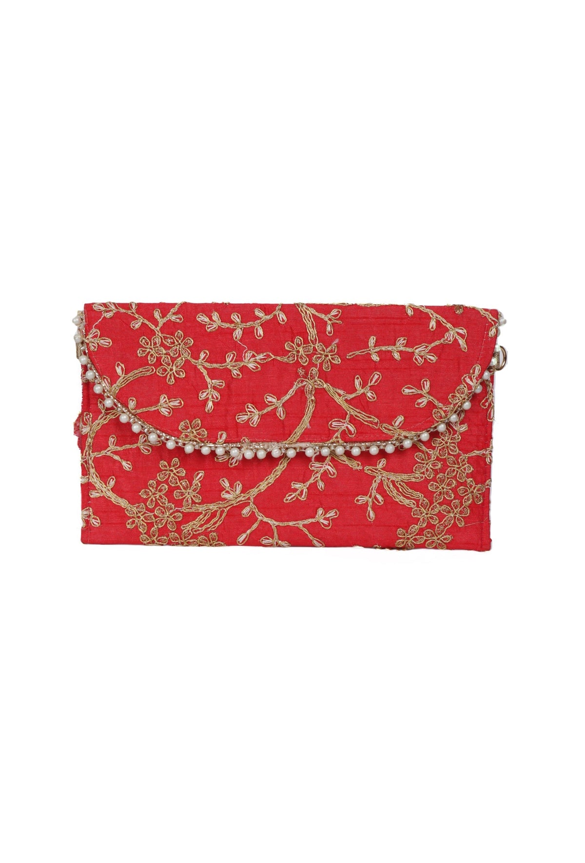 Ruby Red Zari Embroidered Silk Envelope Clutch