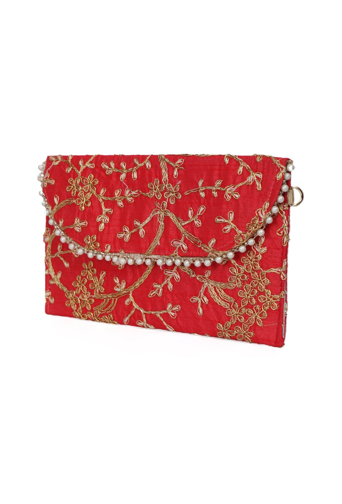 Ruby Red Zari Embroidered Silk Envelope Clutch