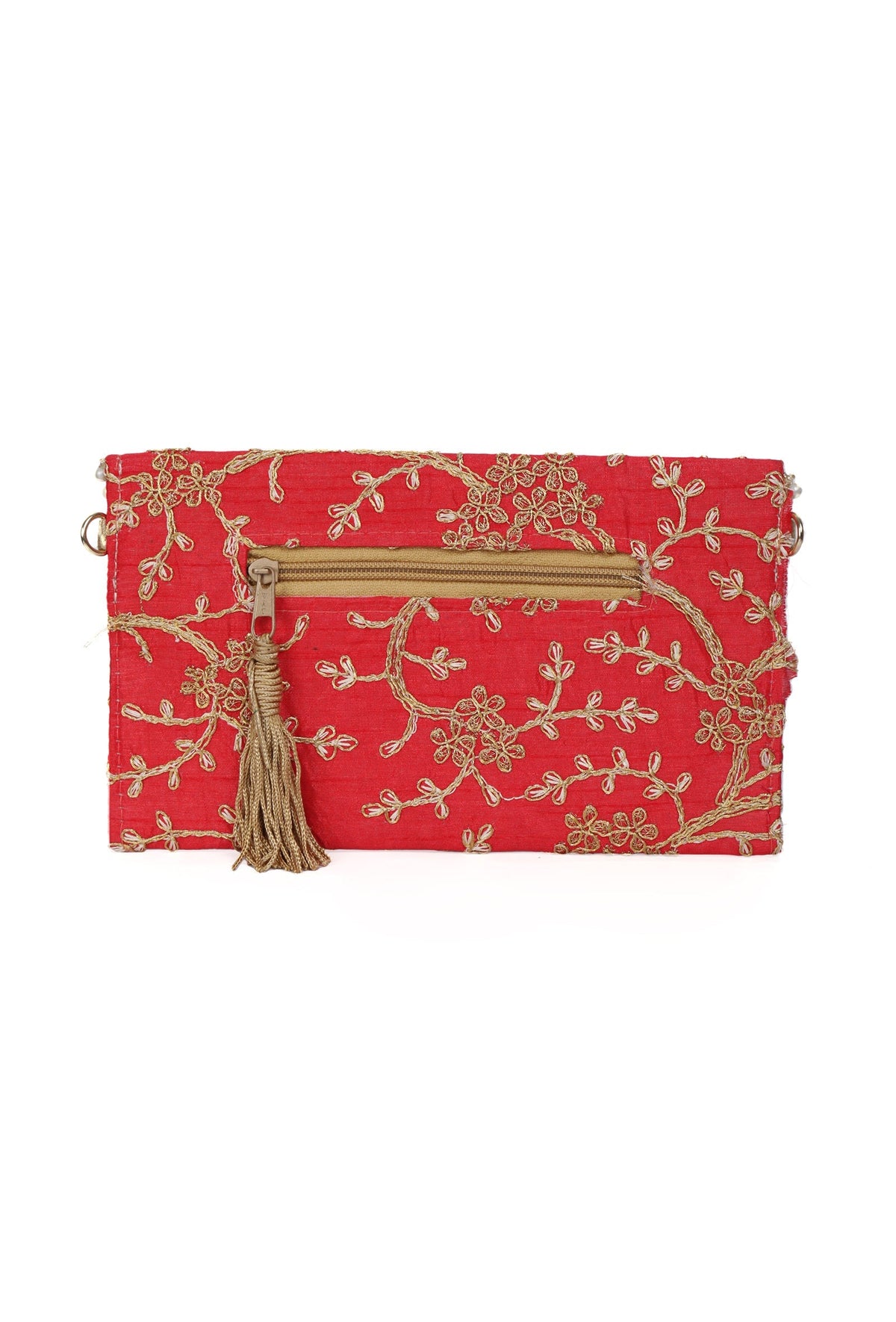 Ruby Red Zari Embroidered Silk Envelope Clutch
