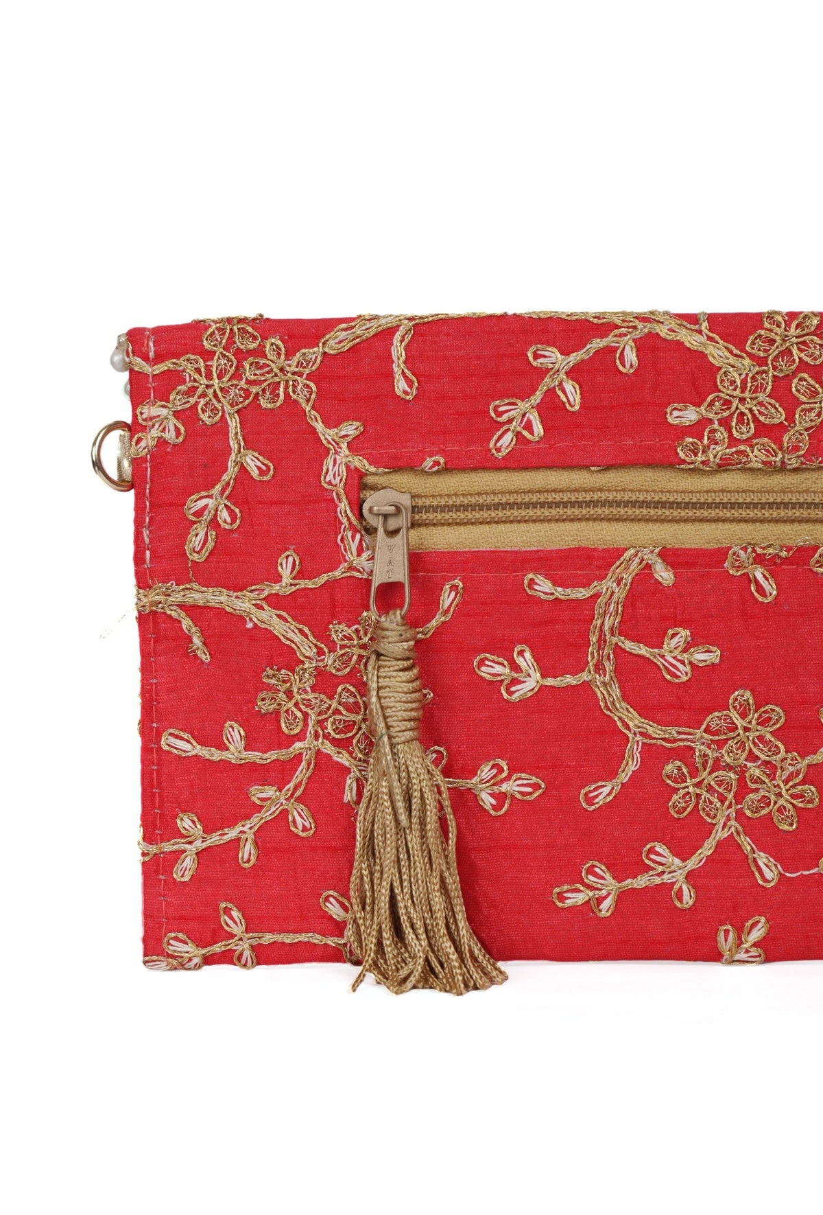 Ruby Red Zari Embroidered Silk Envelope Clutch