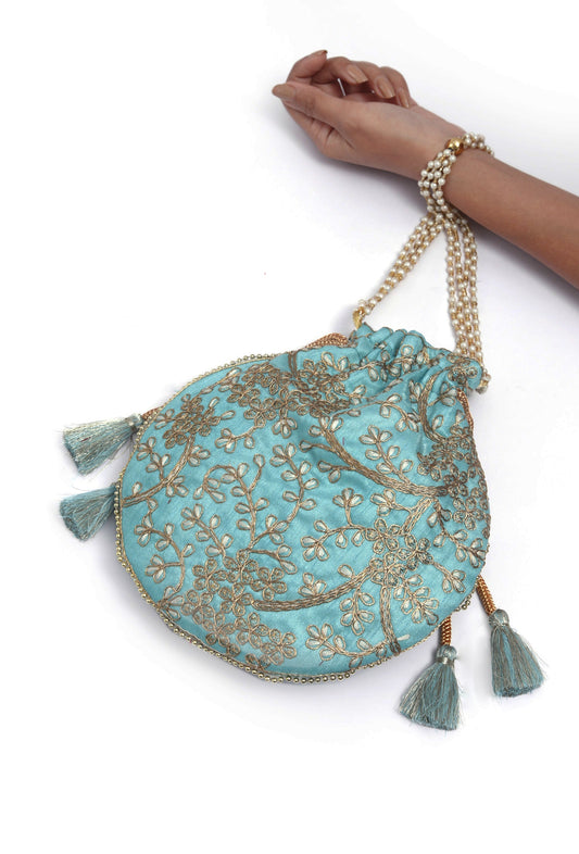 Sky Blue Embroidered Silk Potli
