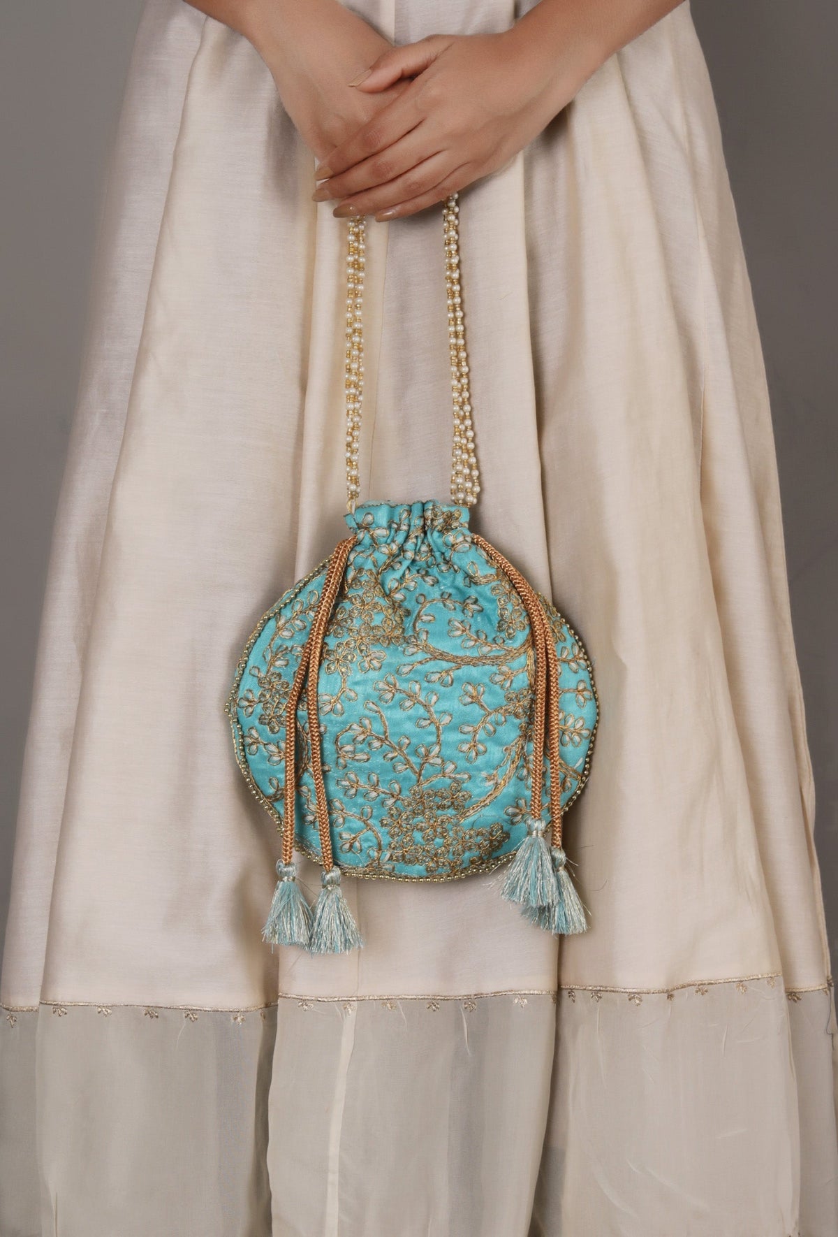 Sky Blue Embroidered Silk Potli