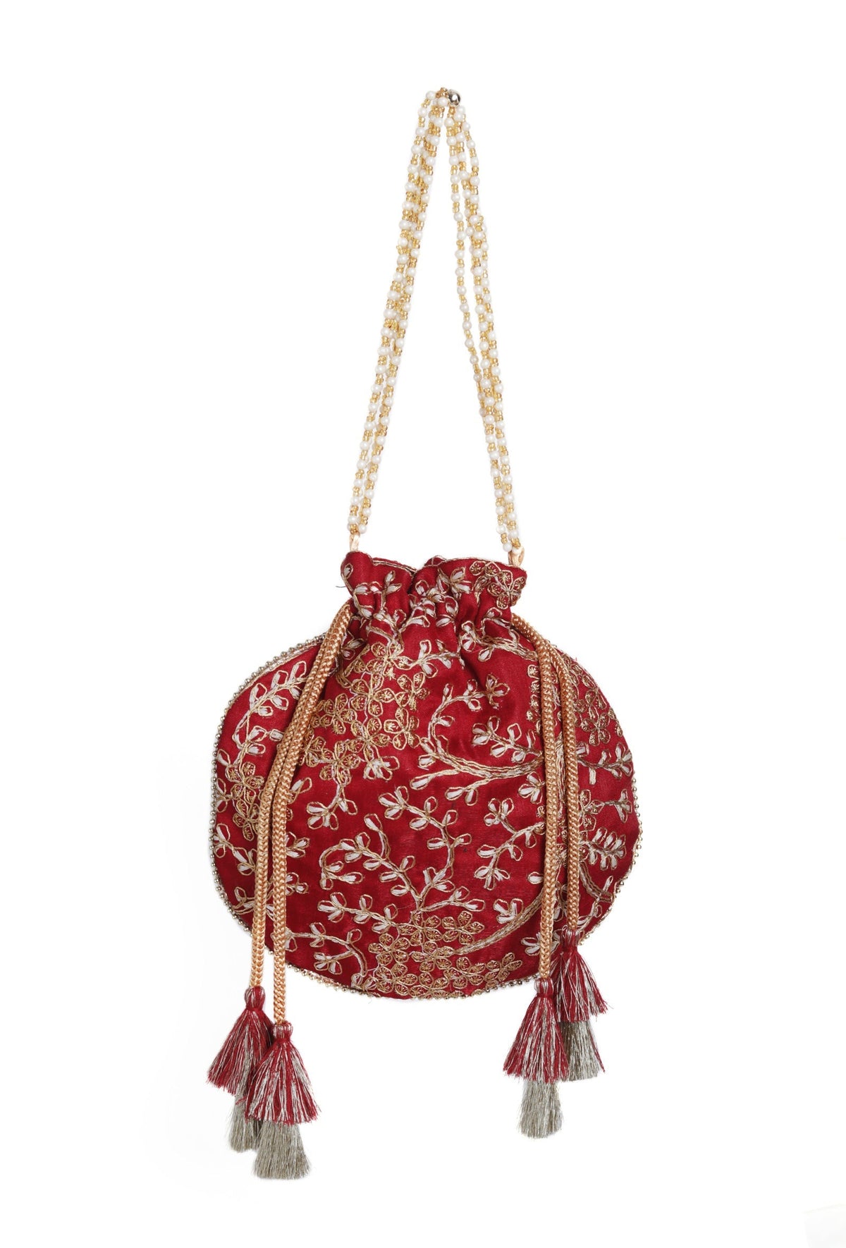 Ruby Maroon Embroidered Silk Potli