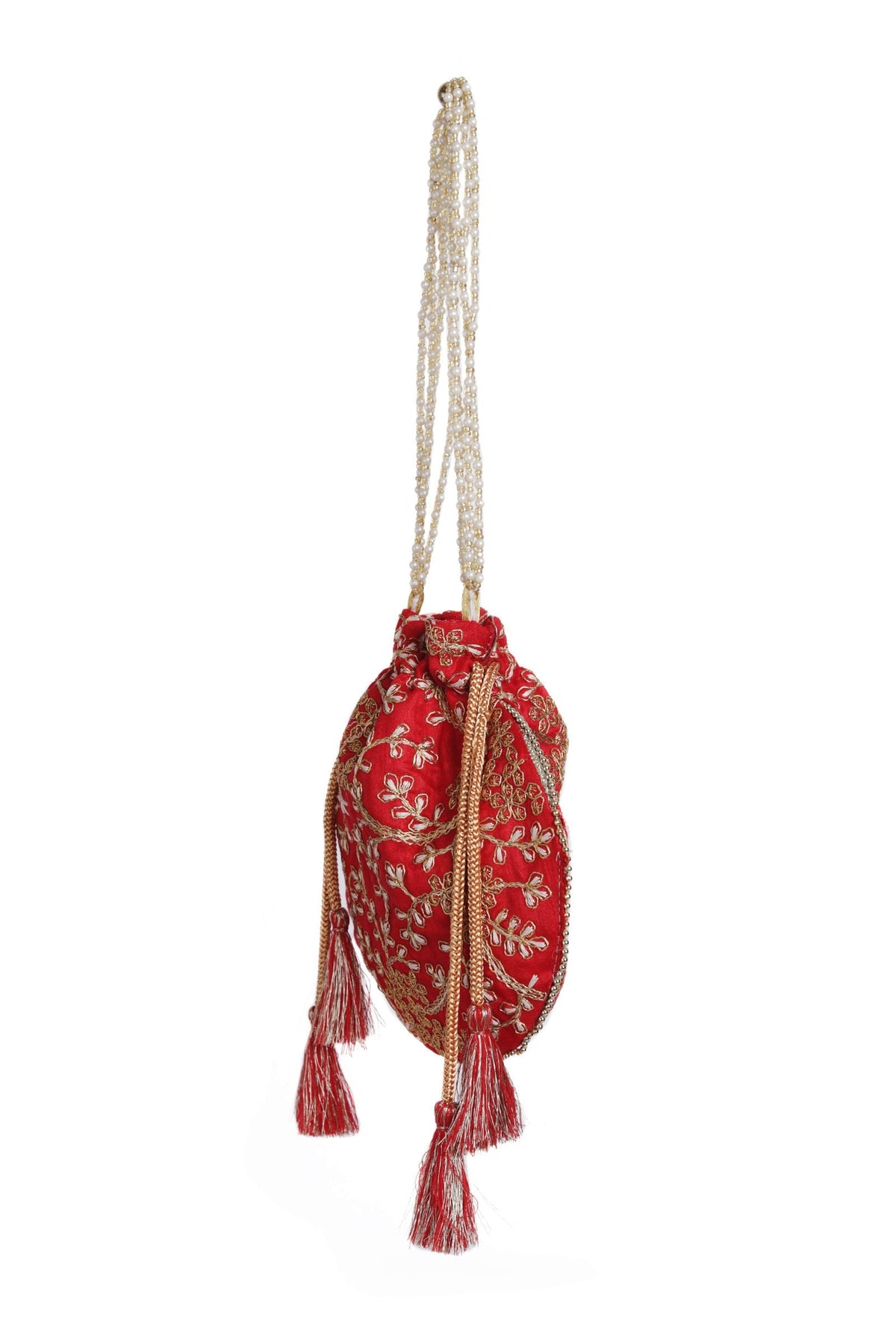 Scarlet Red Embroidered Silk Potli