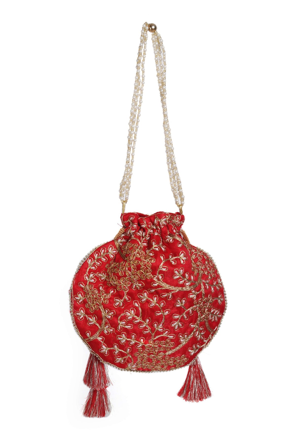 Scarlet Red Embroidered Silk Potli