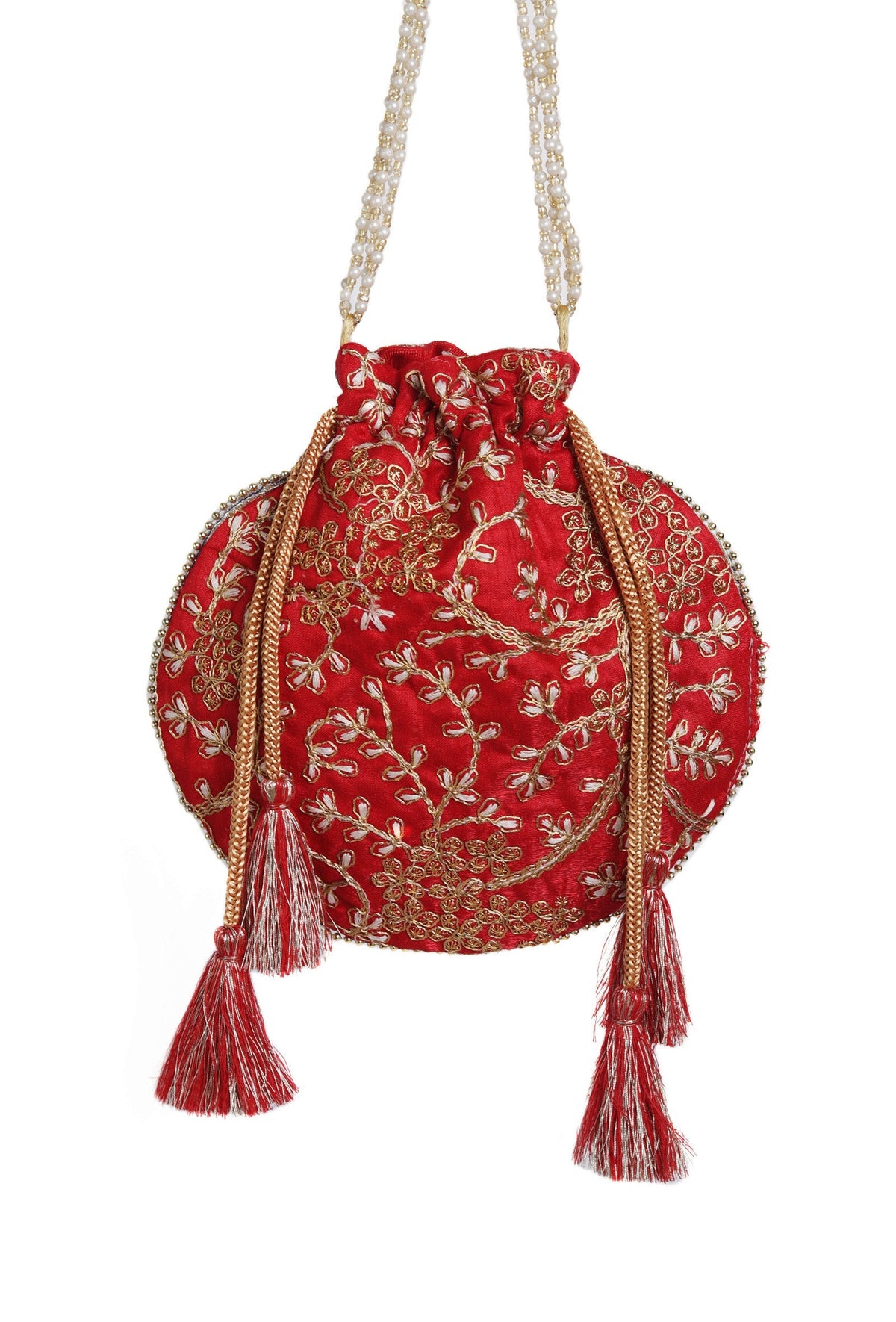 Scarlet Red Embroidered Silk Potli