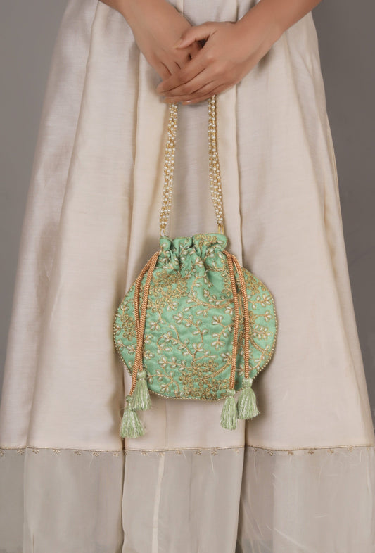 Mint Green Embroidered Silk Potli